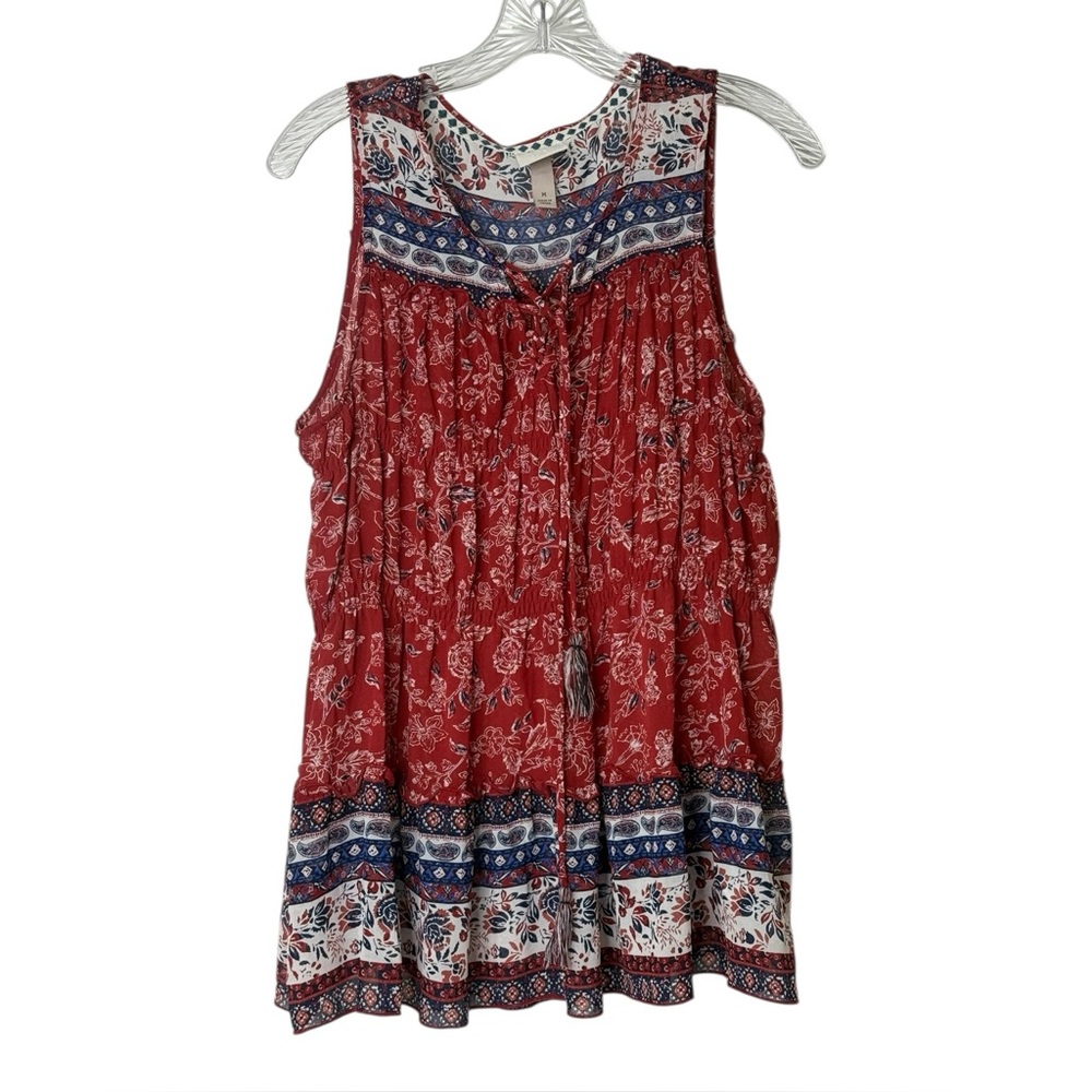 Knox Rose Boho Red Floral Paisley‎ Sleeveless Flowy Semi Sheer Pullover Womens M